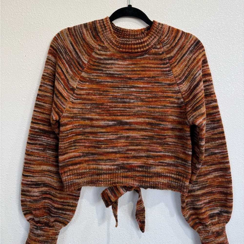Vanilla Star Brown Marled Open Back Tie Sweater S Boho Y2K Fall Balloon Sleeve - Picture 3 of 11